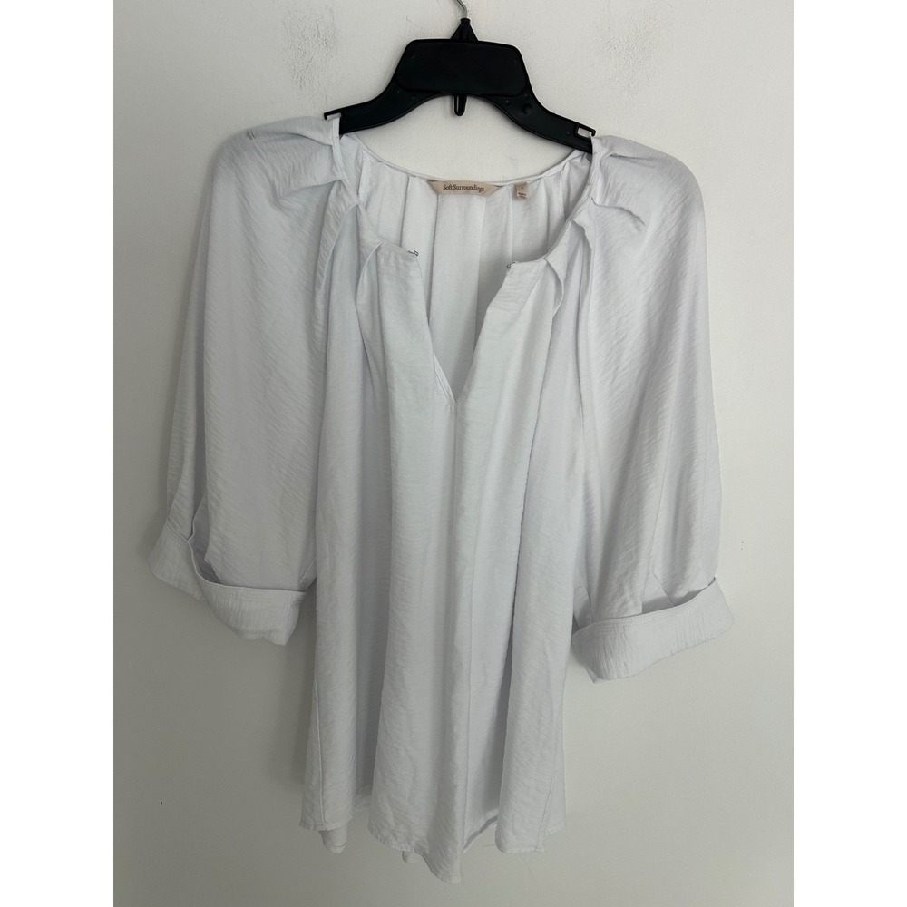 Soft Surroundings White Textured Pleated V-Neck Tunic Blouse Large 2FU97